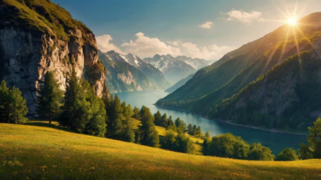 Panoramic view of the lake and mountains. Summer landscape.の写真素材