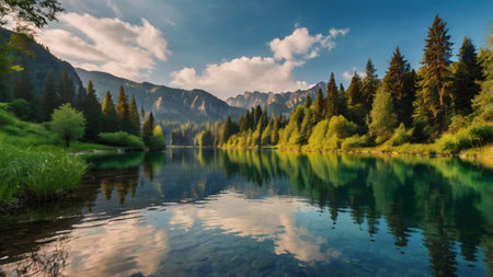 panoramic view of the mountain lake with reflection in the water