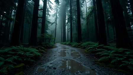 Foggy path in the redwood forest in California, USAの写真素材
