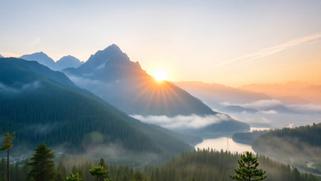 Mountain landscape with fog and sun in the morning. View of the mountain lake.の写真素材