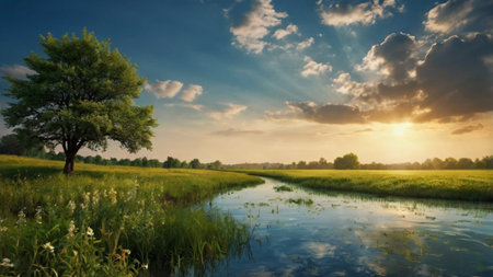Sunset over a small river in the meadow with green grass