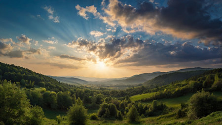Sunset in the Carpathian mountains. Ukraine, Europe.