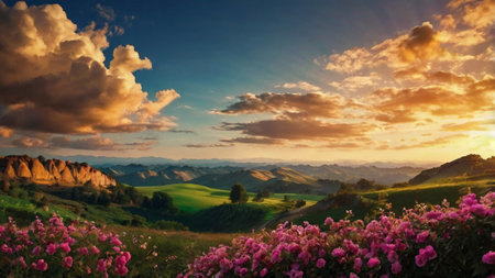 Mountain landscape with pink flowers and green grass in sunset light.