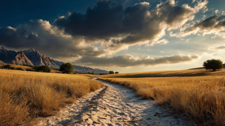 Landscape of New Zealand alps and footpath at sunset.