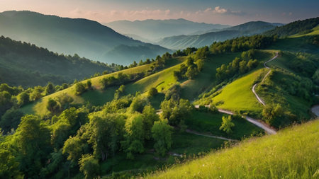Landscape with green hills in the Carpathian Mountains, Ukraine