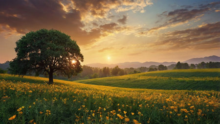 Sunset over a meadow with a tree and yellow flowers.