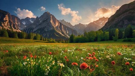 Panoramic view of alpine meadow with wildflowersの写真素材