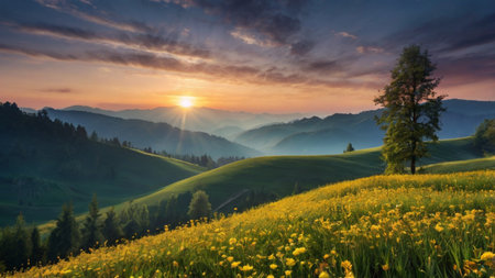 Beautiful sunrise in the mountains. Sunrise in the Carpathian Mountains, Ukraine.の写真素材