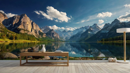 Wooden table on the background of the lake and mountains. 3d rendering