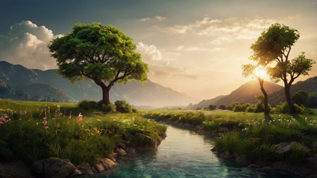 Beautiful summer landscape with a river and a tree in the foregroundの写真素材