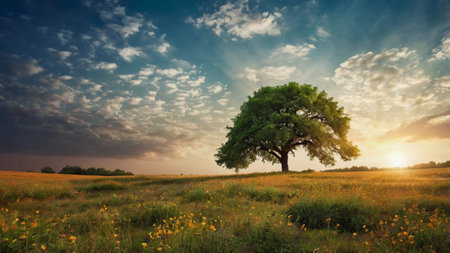 Beautiful summer landscape with big old oak tree on the meadowの写真素材