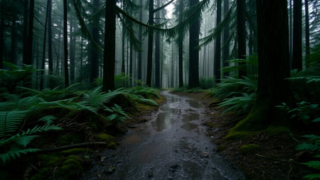 Foggy forest trail in the morning, South Island, New Zealandの写真素材
