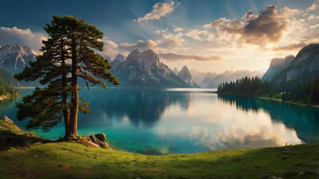 Fantastic summer landscape of lake and mountains. Dramatic sky. Beauty world.の写真素材