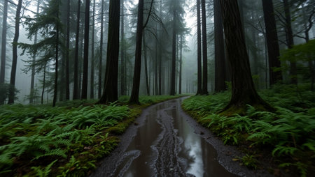 Dirt road in a misty forest with ferns and treesの写真素材