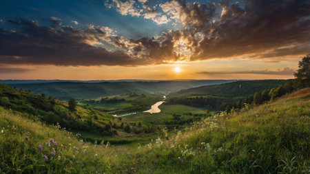 Panoramic view of the river valley at sunset. Beautiful summer landscape.の写真素材