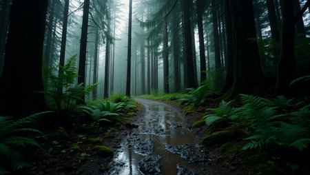 Dirt road through a dark forest with fog and trees in the background