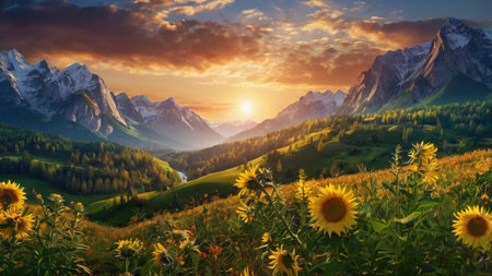 Sunflower meadow in the mountains at sunset. Panoramic view.の写真素材