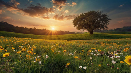 Sunset over a meadow with sunflowers and a tree