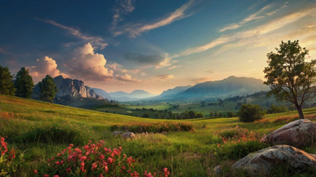 Beautiful summer landscape in the mountains. Sunrise over the meadowの写真素材