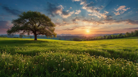 Lonely tree on a green meadow at sunset in springの写真素材