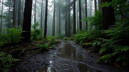 Puddles in a wet forest in a foggy day.