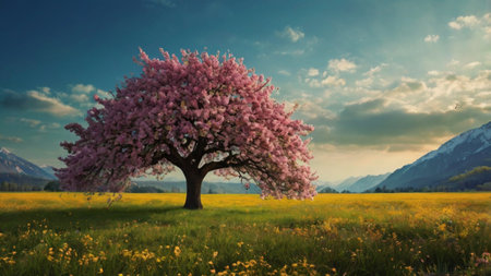 Beautiful spring landscape with blooming tree on meadow and mountainsの写真素材