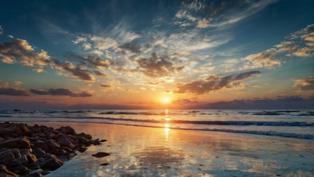 Beautiful sunset at the beach. Seascape with rocks and skyの写真素材