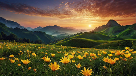 Sunset over the mountain meadow with yellow flowers. Beautiful summer landscapeの写真素材