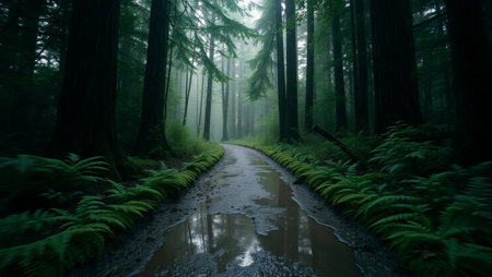 Redwood forest in California, USA. Foggy morning scene.の写真素材