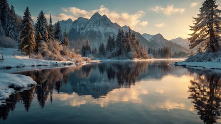 Panoramic view of the mountain lake at sunset. Beautiful winter landscape.の写真素材