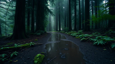 Dark foggy forest with a puddle on the ground and illuminated by sunlightの写真素材