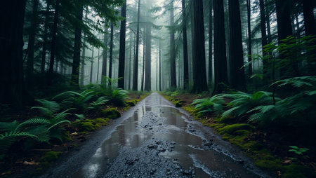 Foggy dark forest road through mossy trees and ferns