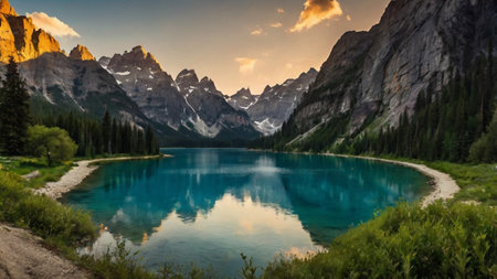 Beautiful turquoise Moraine lake in Banff National Park, Canadaの写真素材