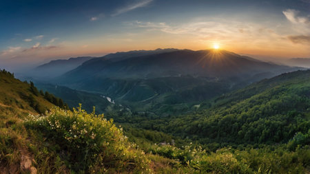 Sunset in the mountains. Beautiful summer landscape. Panorama.