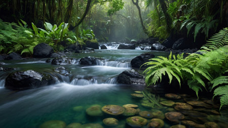 Tropical waterfall in rainforest with rocks and ferns