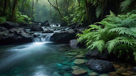 Waterfall in tropical rainforest. Beautiful waterfall in rainforest.の写真素材