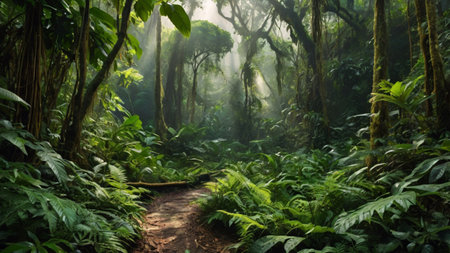 Tropical rainforest with fog in Costa Rica, Central Americaの写真素材