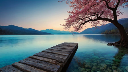 Cherry blossom and wooden pier on the lake. Beautiful spring landscapeの写真素材