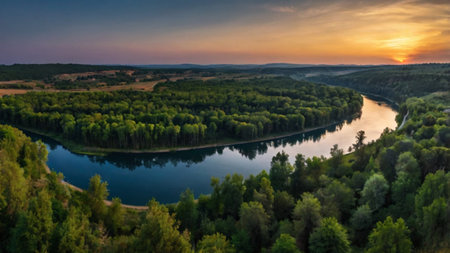 Aerial view of the river and forest at sunset. Beautiful summer landscape.の写真素材