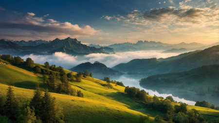 Foggy morning in the mountains. Beautiful summer landscape in the mountains.の写真素材