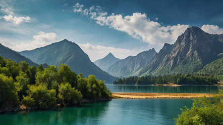 Panoramic view of the mountain lake. Beautiful summer landscape.の写真素材
