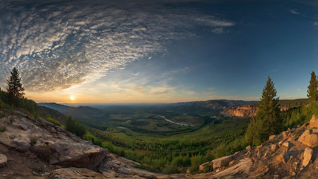 Panoramic view of the valley from the mountain at sunset.