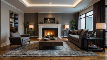 Luxury living room interior with fireplace, coffee table and armchairs