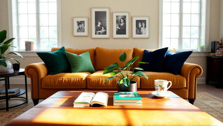Cozy living room interior with yellow sofa, coffee table, books and plants