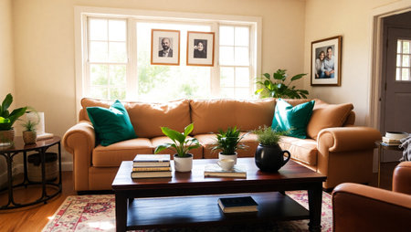Living room with brown leather sofa, coffee table, books and plantsの写真素材