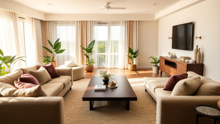 Interior of a living room with sofa, coffee table and plants