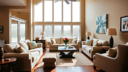 Interior of a modern living room with beige sofasの写真素材