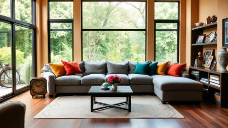 Interior of modern living room with grey sofa and colorful pillows
