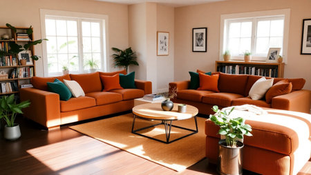 Living room interior with orange sofa, coffee table and bookshelf