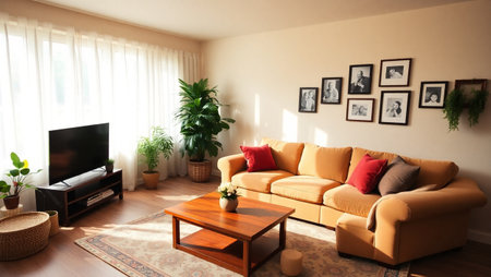 Interior of living room with sofa, coffee table and pictures on wallの写真素材